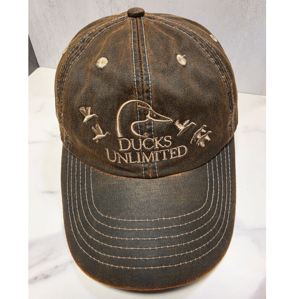 Ducks Unlimited Mens Brown Distressed Oil Cloth Style Hat K-Products Adjustable